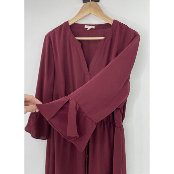 Maurices Maroon Red Cinch Waist Bell Sleeve Chiffon Lined Dress Size XL Career - Picture 3 of 10